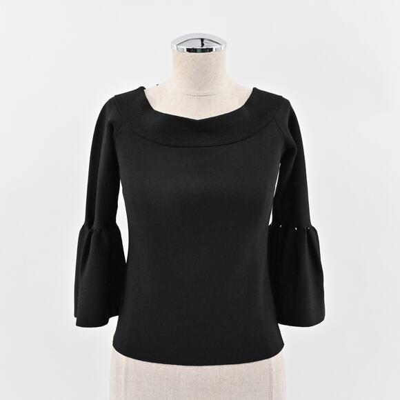ELIZA J Top Womens Sz M Black Off The Shoulder Bell Sleeve Fold Over Neck Blouse - Picture 1 of 12